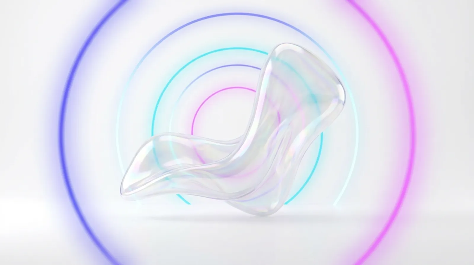동심원 빛 고리 앞에 떠 있는 투명한 물결 형태 3D 렌더