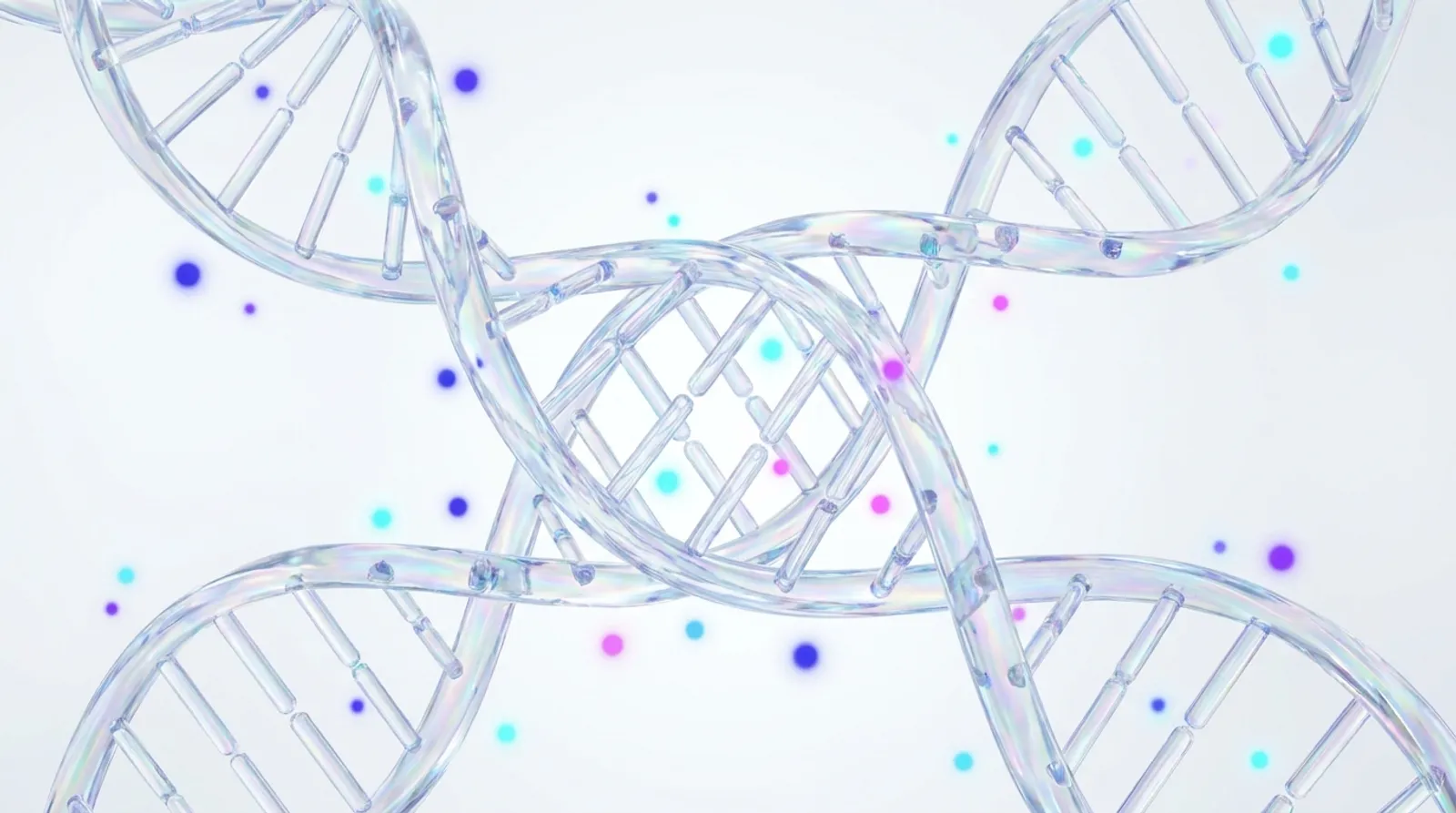 서로 얽힌 유리 DNA 이중나선과 빛 입자 3D 렌더
