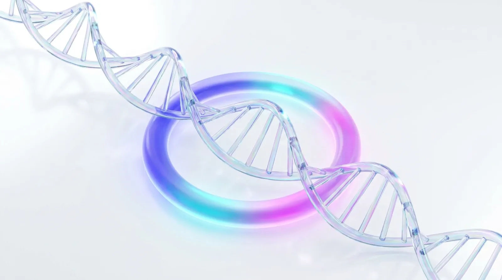 유리 DNA 이중나선이 빛나는 고리를 통과하는 3D 렌더