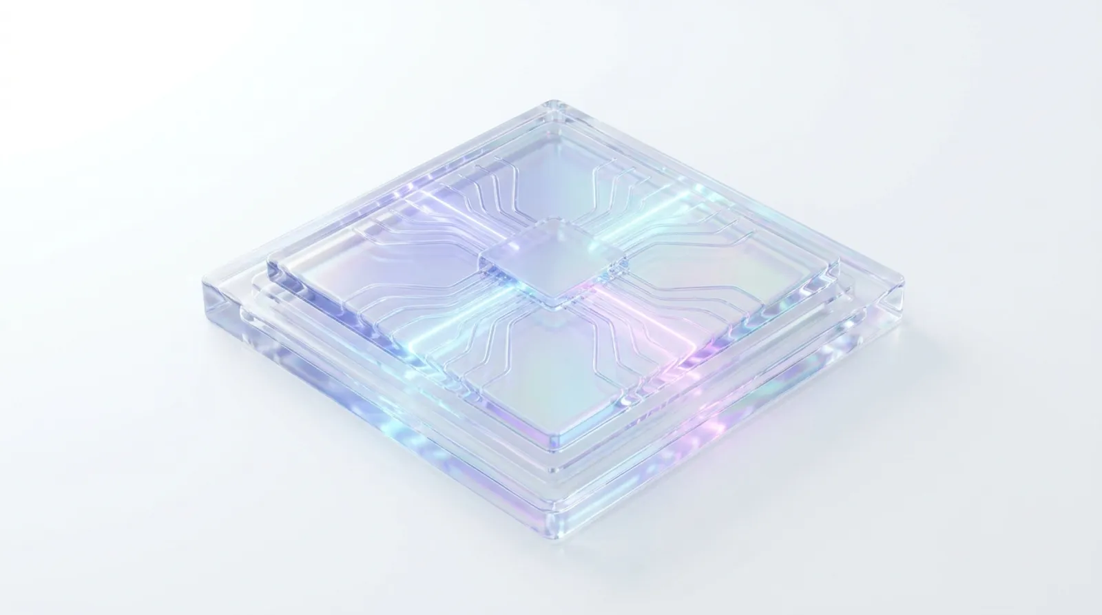 회로 선이 새겨진 투명 유리 칩 3D 렌더